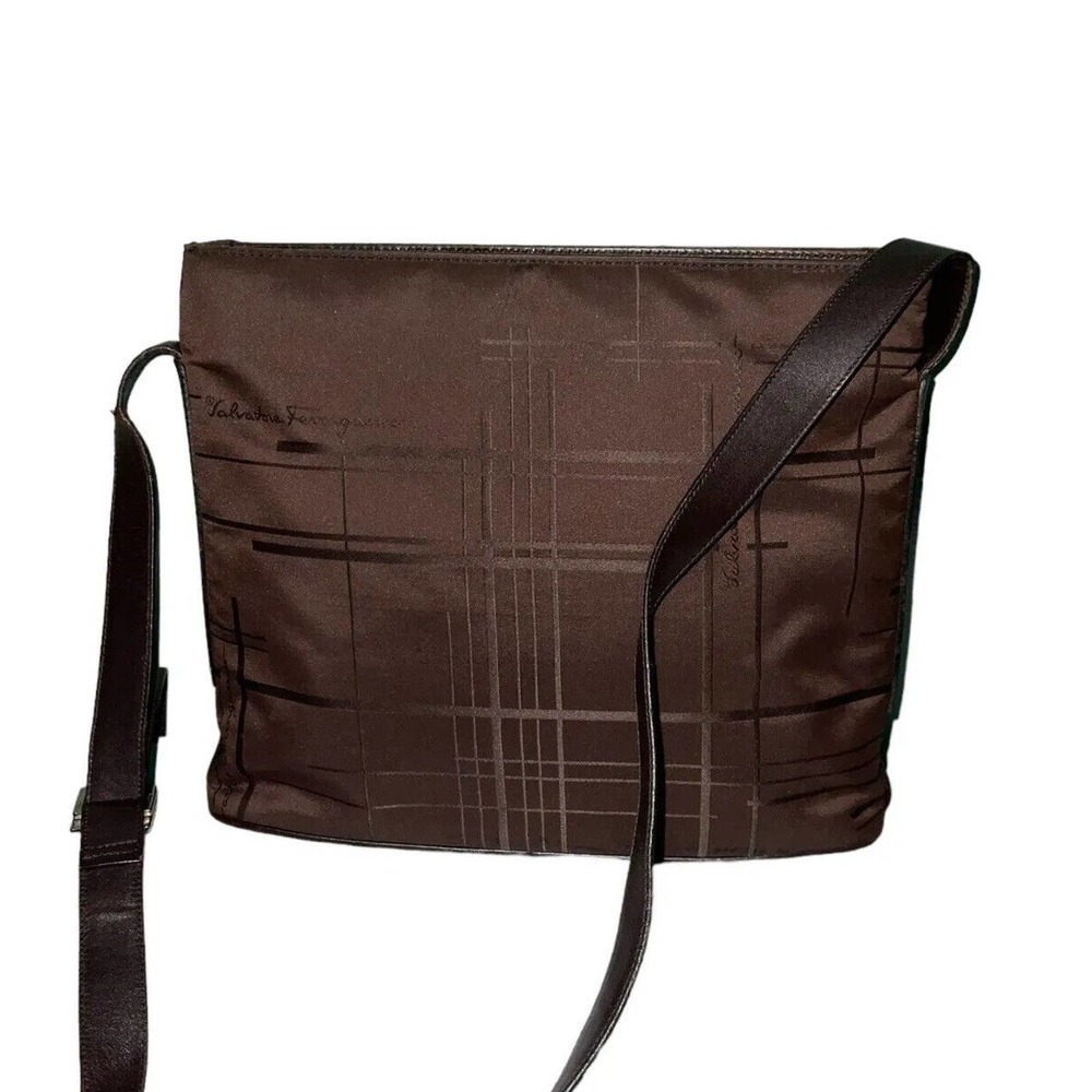 Salvatore Ferragamo Brown Nylon Shoulder Bag with Leather Trim